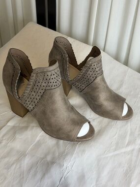 Fergalicious Taupe Peep-Toe Cutout Block Heel Mules
